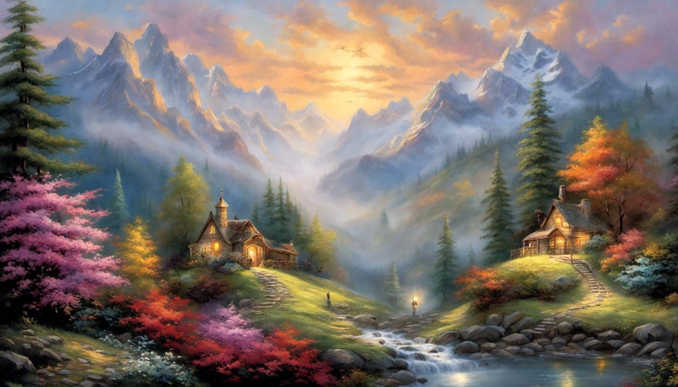 Ethereal Mountain Landscape Painting at Sunrise