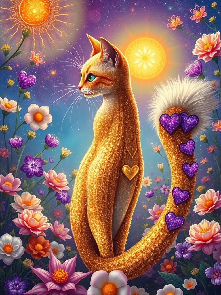 Surreal Feline in a Vibrant Floral Wonderland with Golden Gl...