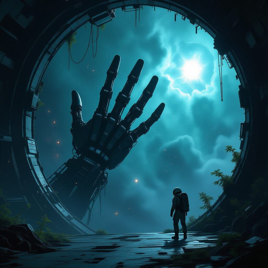 Astronaut Drifting Near Skeletal Space Station in Nebula