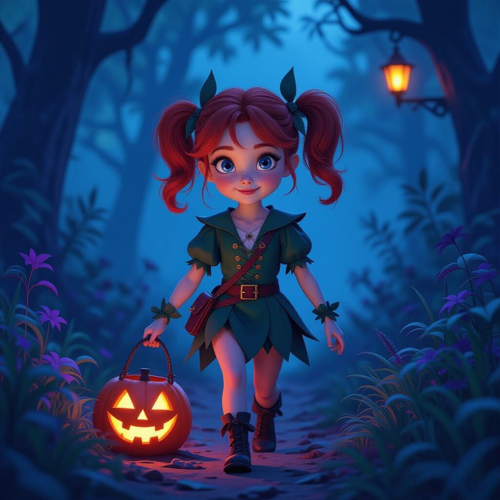 Redhead Trick-or-Treater in Dark Fantasy Halloween Night