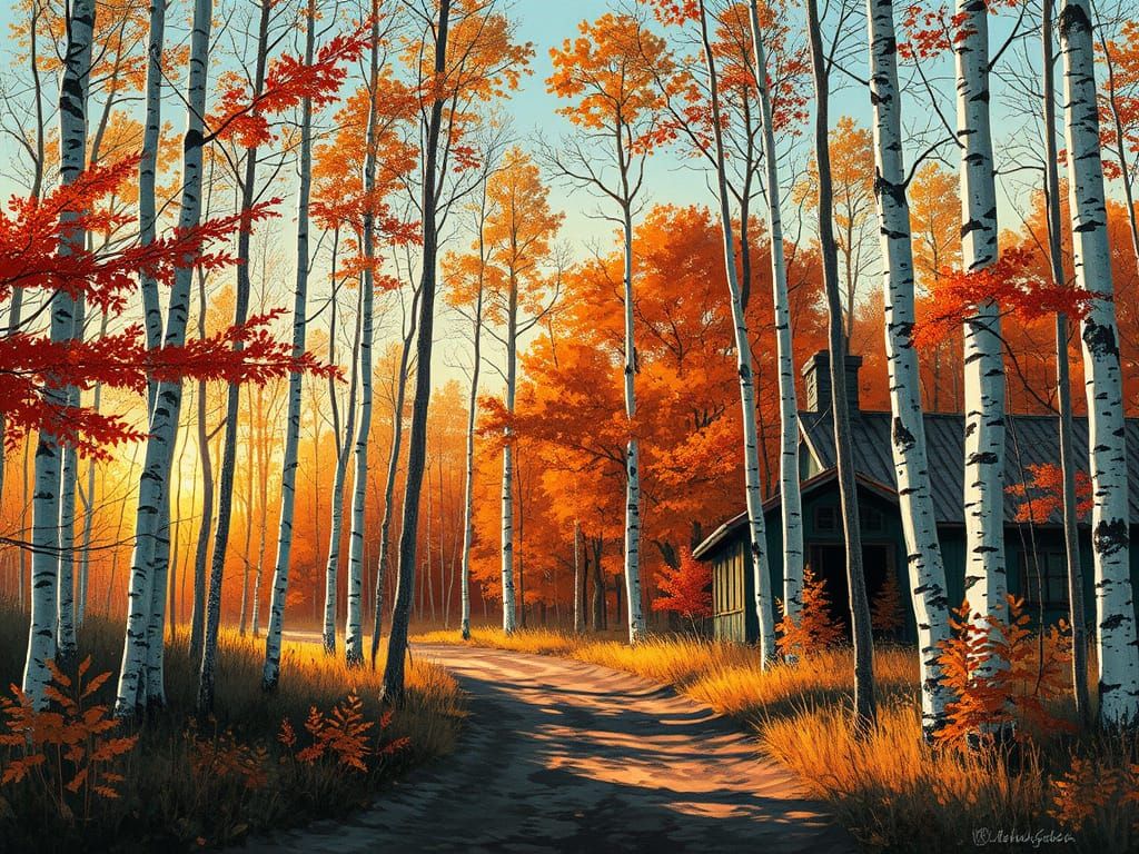 Fantasy Birch Forest Path at Golden Hour