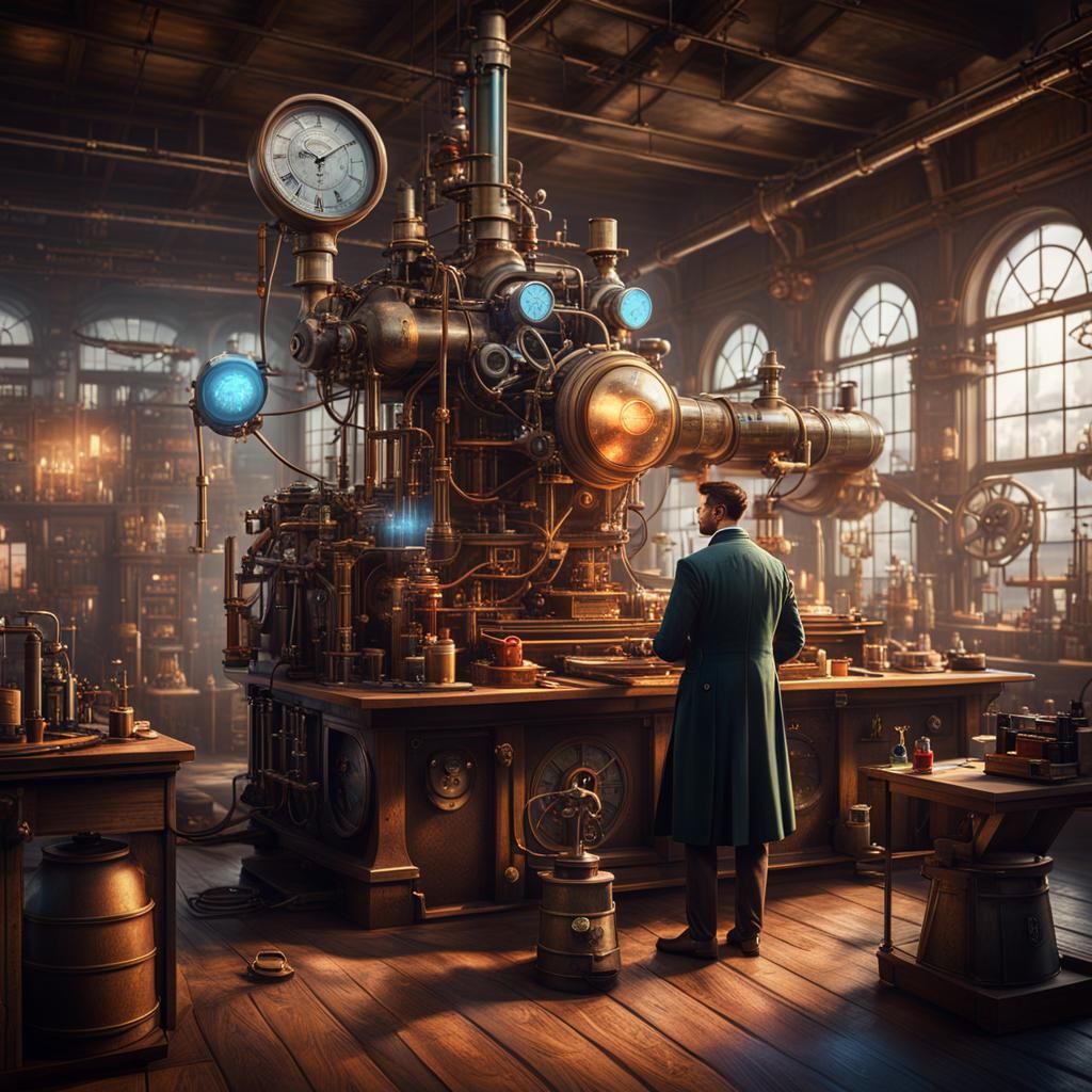 Nikola Tesla in Steampunk Laboratory: Hyperrealistic Art