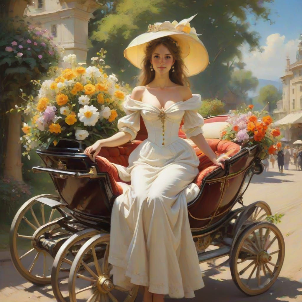 Beautiful Woman with Flowers in Oil Painting Style