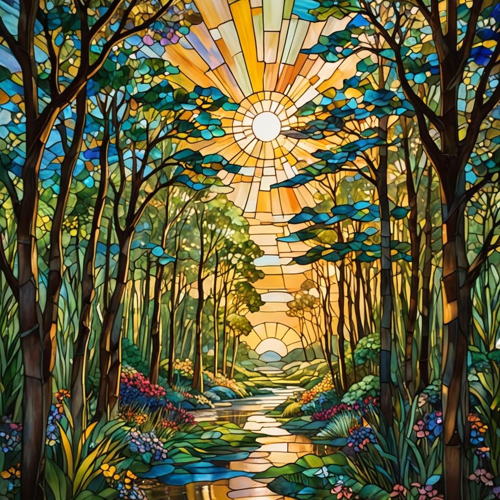 Vibrant Stained Glass Landscape in Impressionist Style