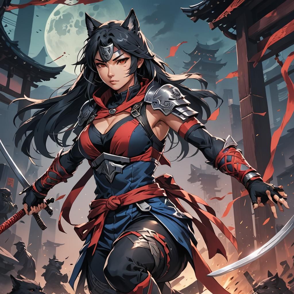 Wolf Ninja Warrior Woman in Anime Style