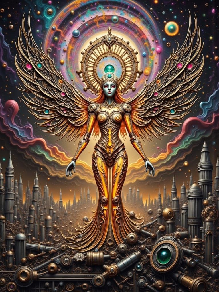 Goddess with Rainbow Mechanical Wings in Retro-Futuristic Ci...
