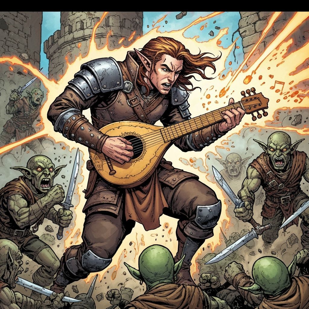 Half-Elf Bard Battles Hobgoblins in Comic Book Art
