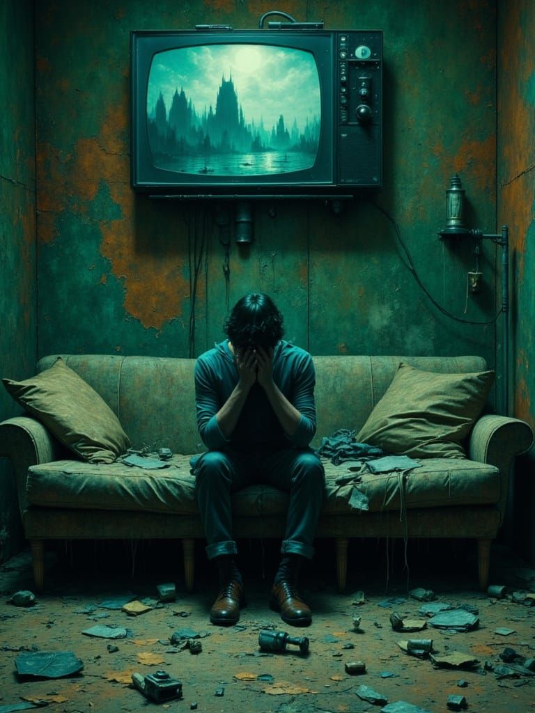 Figure on Couch in Dim Room as Surreal Digital Art