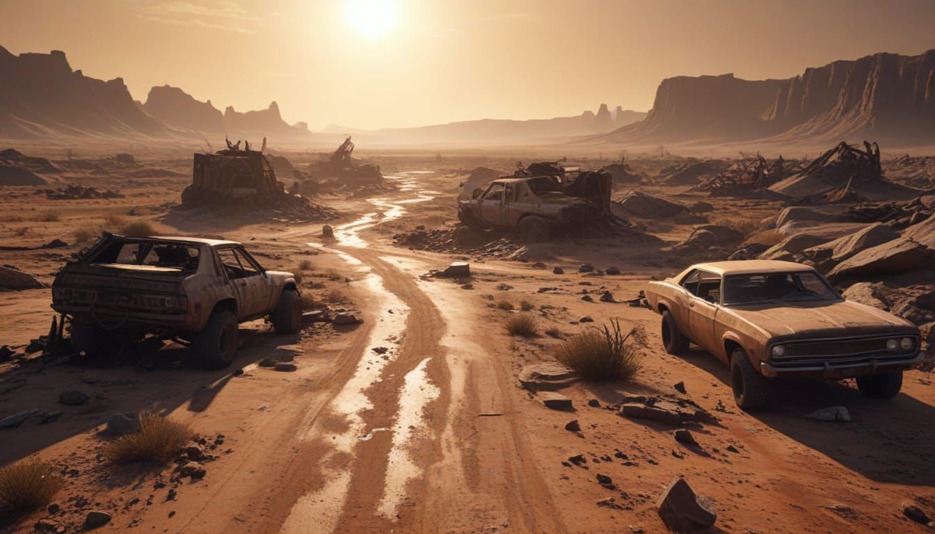 Post-Apocalyptic Wasteland Under Scorching Sky