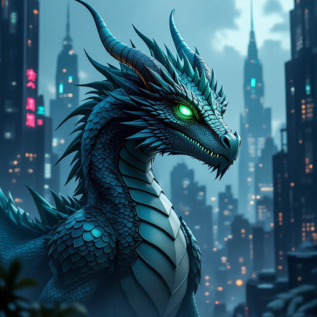Futuristic Dragon with Aqua Green Eyes in High-Tech Cityscap...