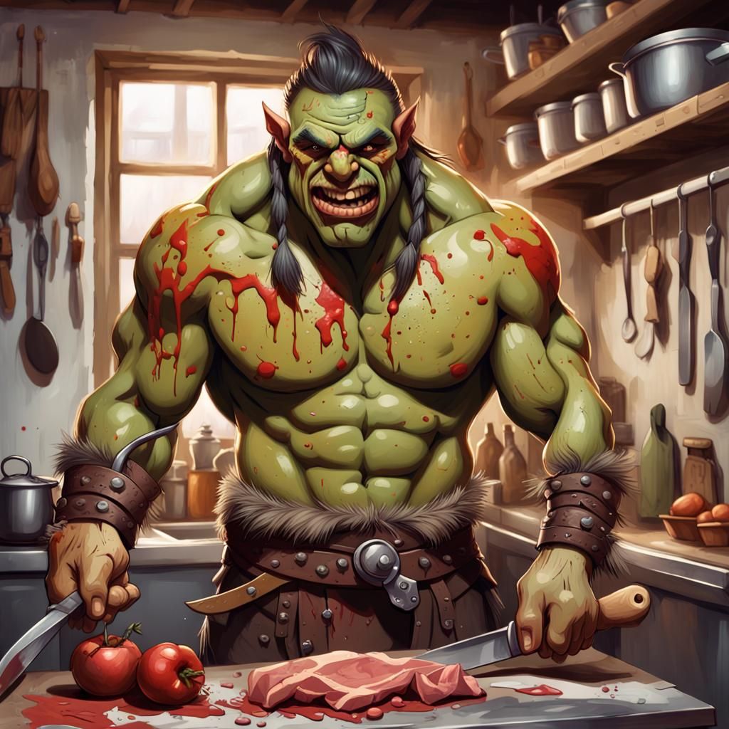 Happy Half-Orc Butcher in Graffiti Art Style