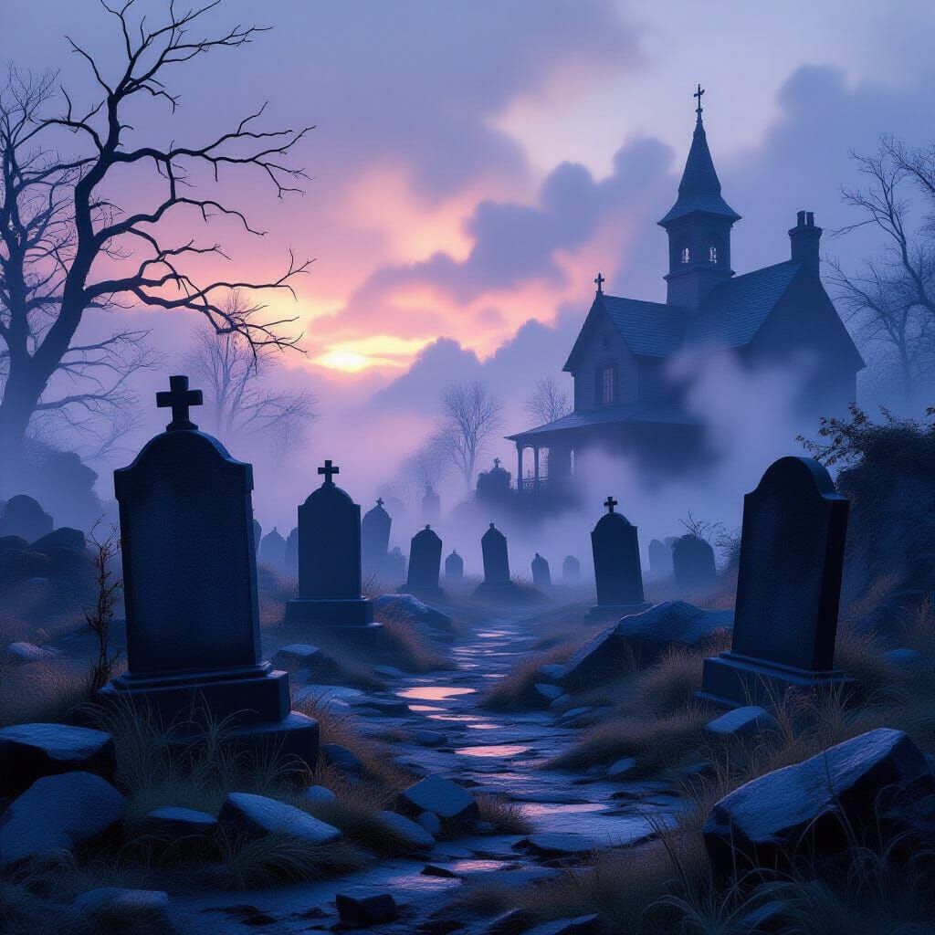 Misty Graveyard at Dusk: A Detailed Matte Painting