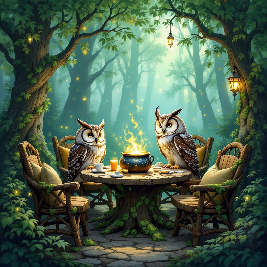 Enchanted Woodland Cafe with Owl Barista and Firefly Lights