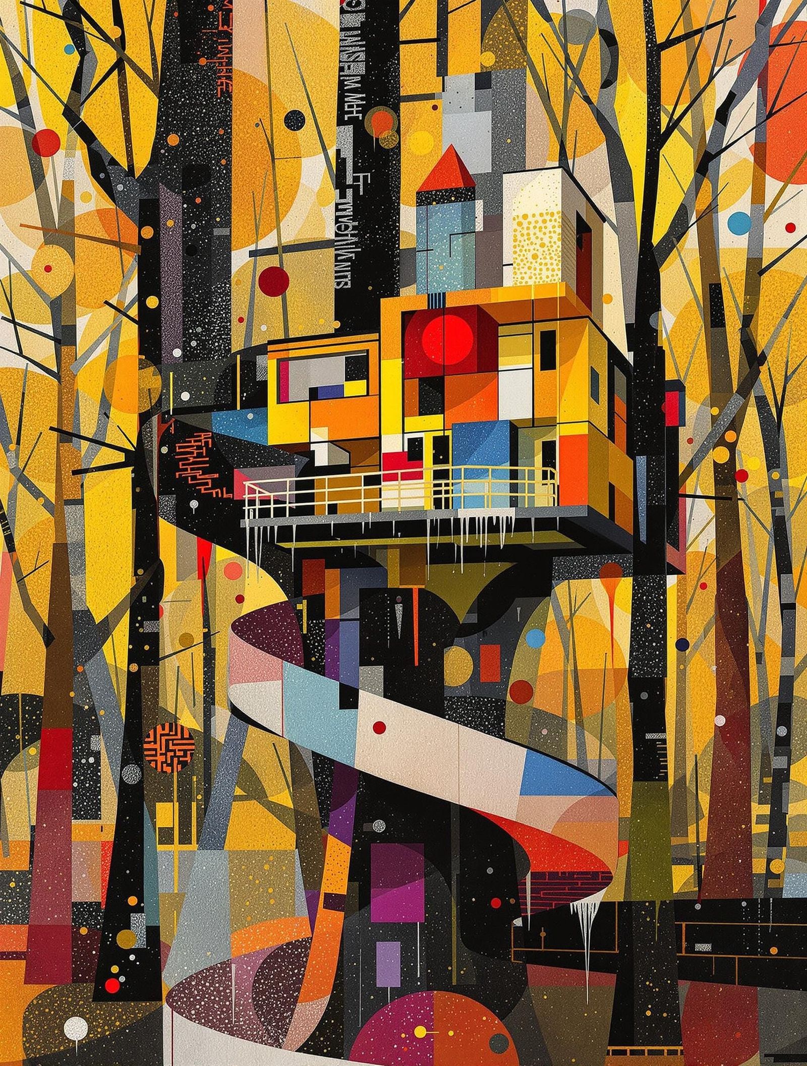 Vibrant Cubist Treehouse Village