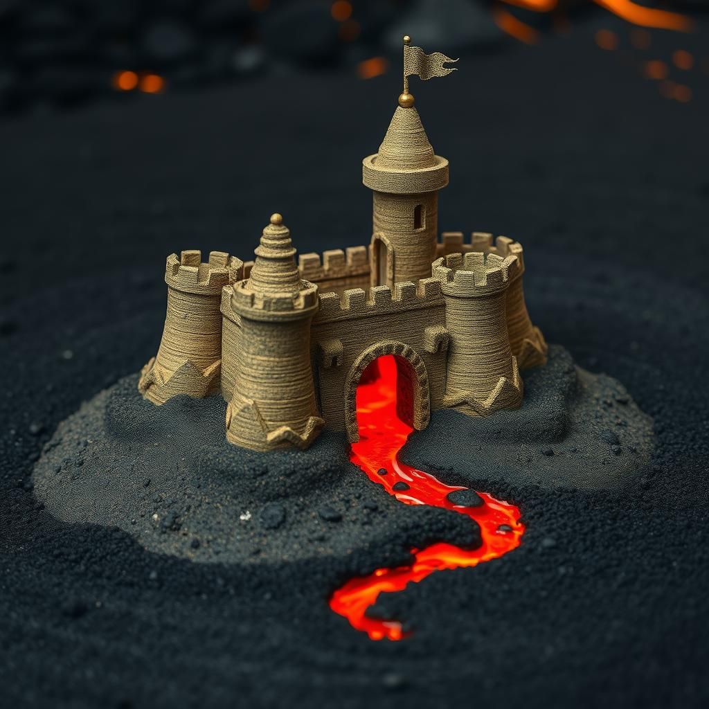 Sand Castle on Volcanic Beach with Lava