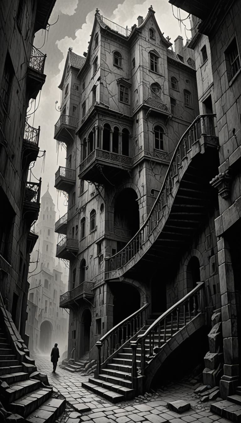 Ethereal Staircase Ascension in Stark Black and White