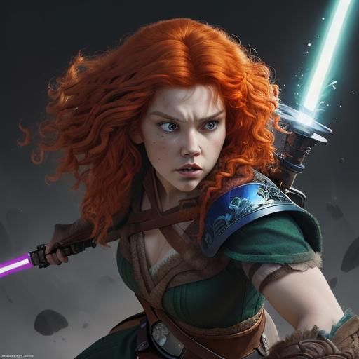 Merida from Brave with Lightsaber, Hyperrealistic Art