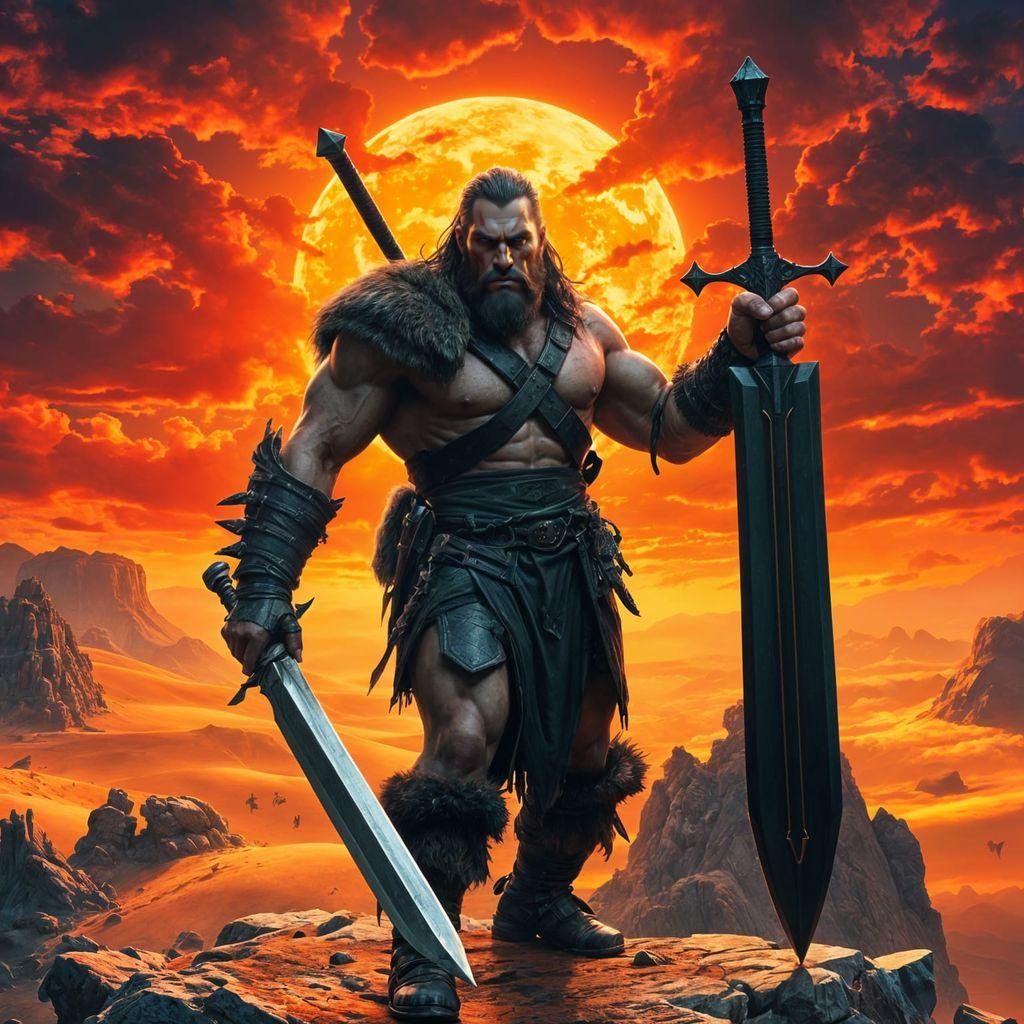 High Fantasy Barbarian in Triadic Desert Landscape