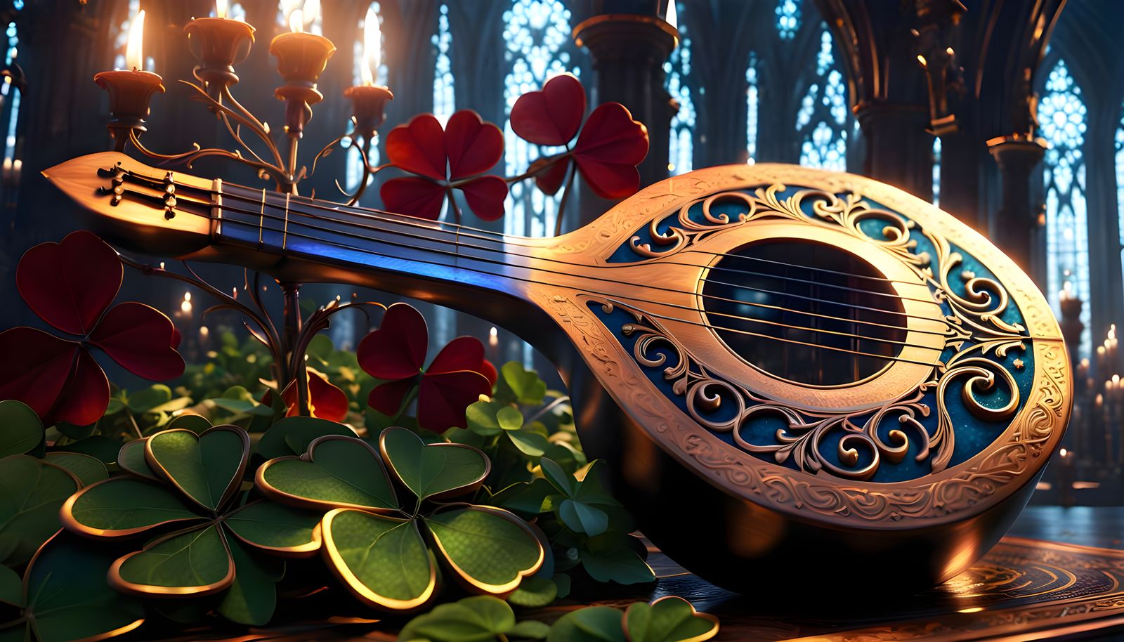 Magical Silver Lute with Shamrock in Detailed Matte Painting