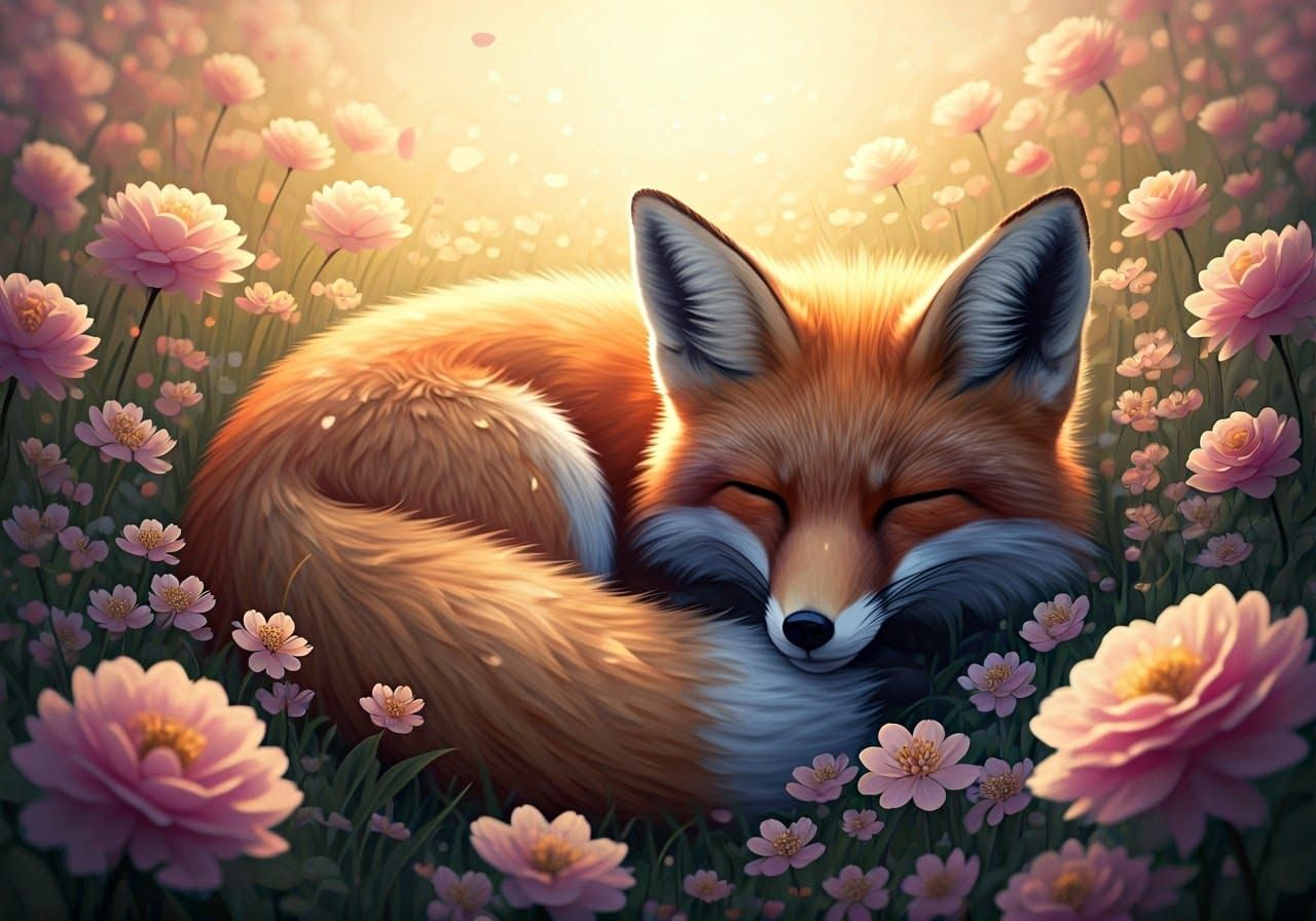 Whimsical Fox in a Cherry Blossom Meadow