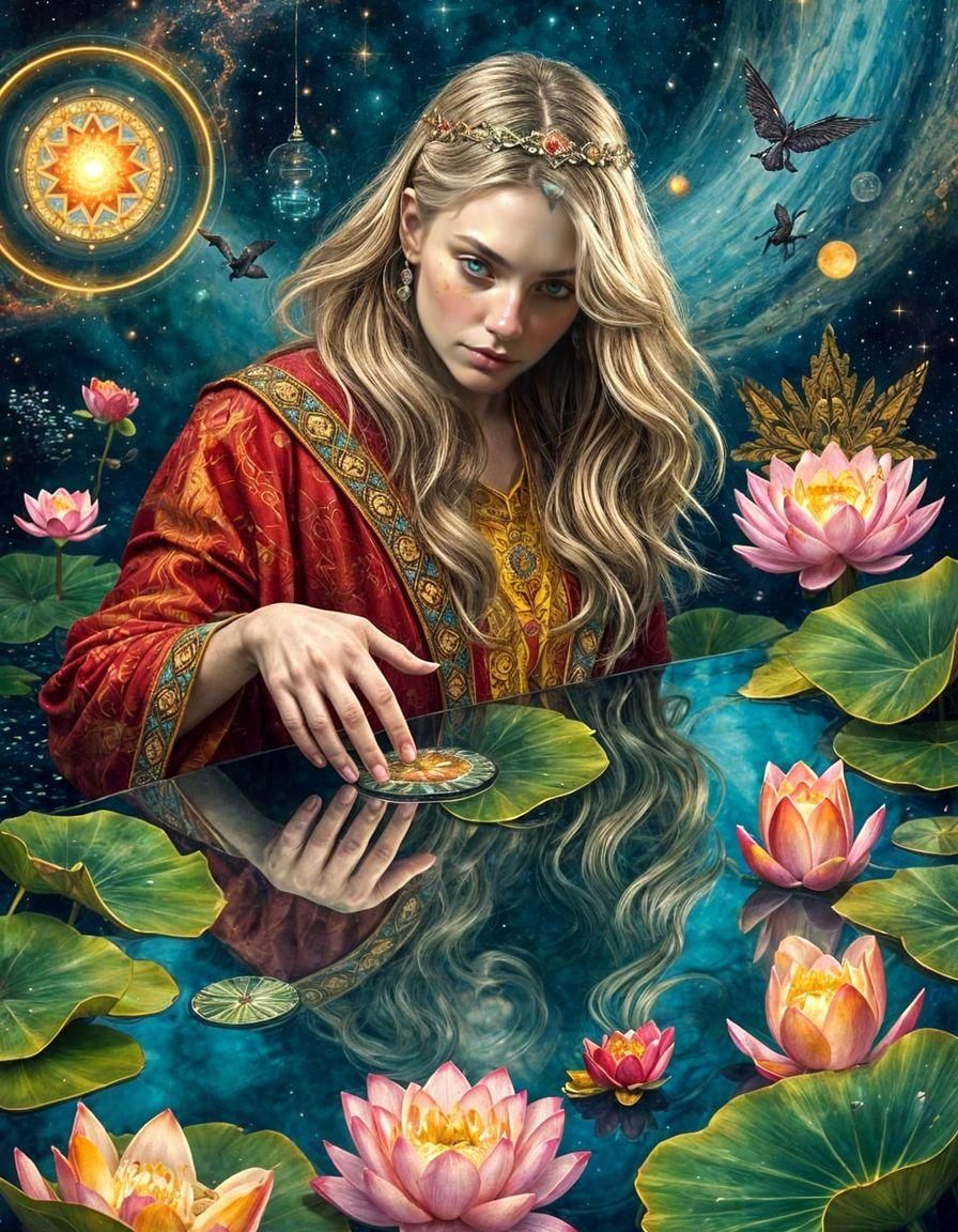 Goddess Touches Reflection in Dark Fantasy Style