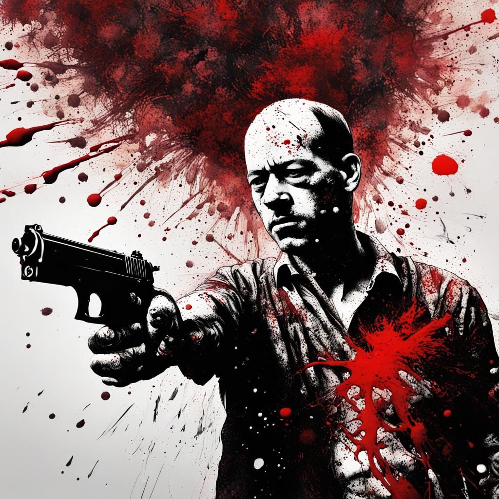 Dramatic Ink Splatter Art: Man with Gun