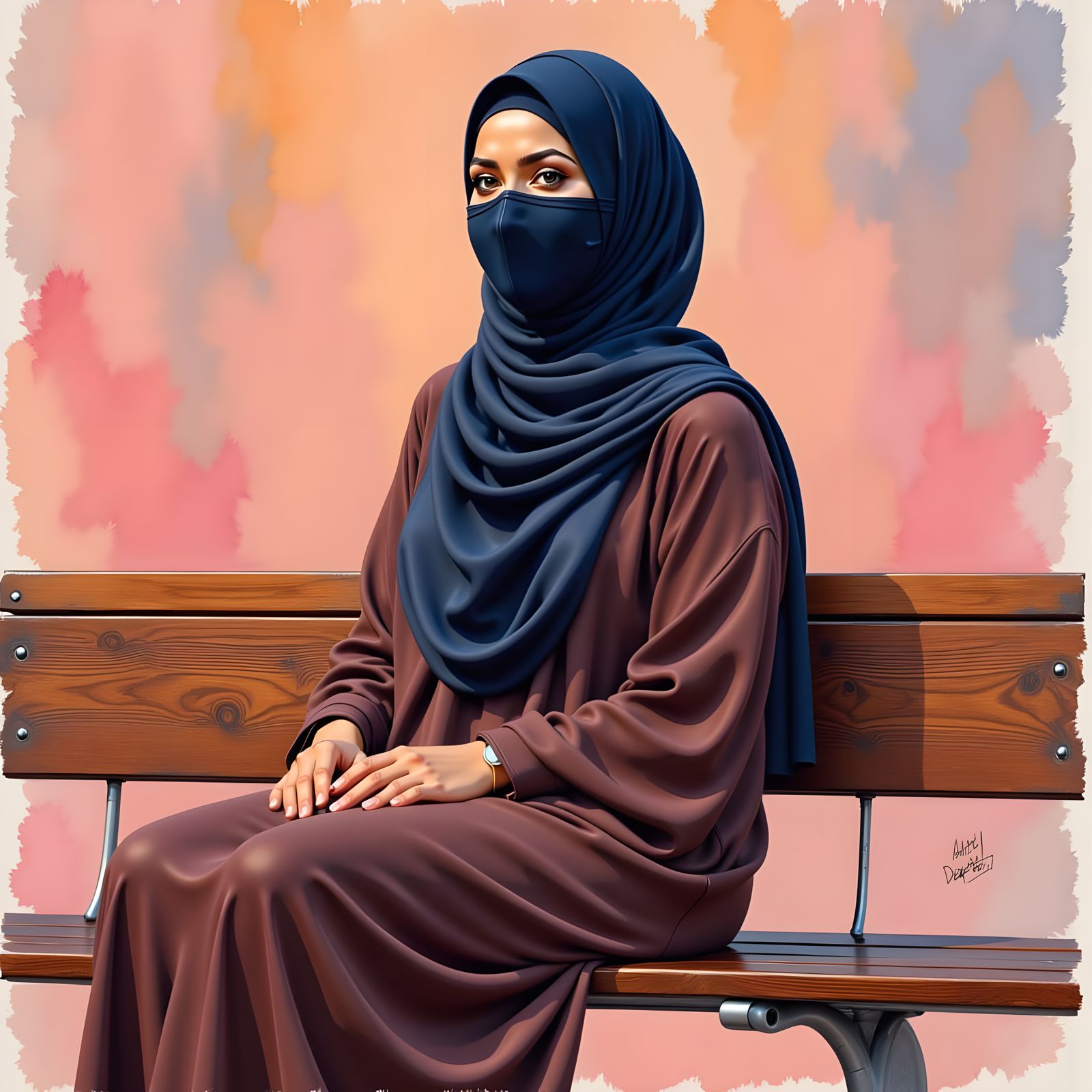 Serene Hijabi Woman at Bus Stop in Oil-Gouache Style
