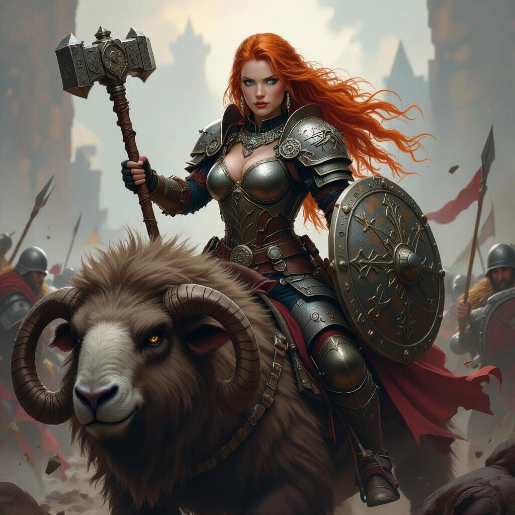 Fantasy Dwarven Paladin Rides War Ram into Battle