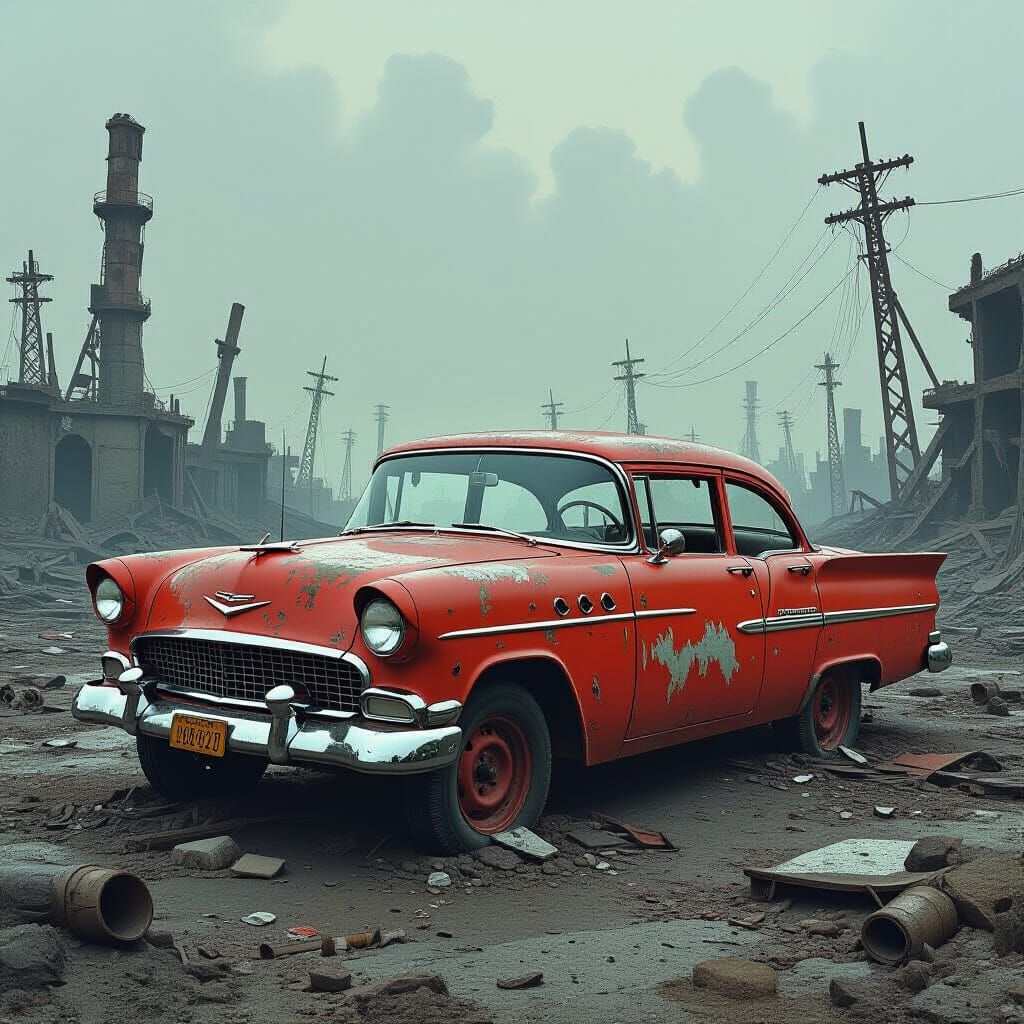 Post-Apocalyptic Wasteland: Rusted Car in Gritty Realism