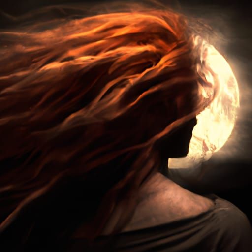 Flaming Hair Woman Under Moonlight in HDR