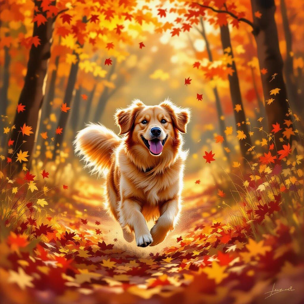 Golden Retriever Joyfully Glides Through Autumn Leaves