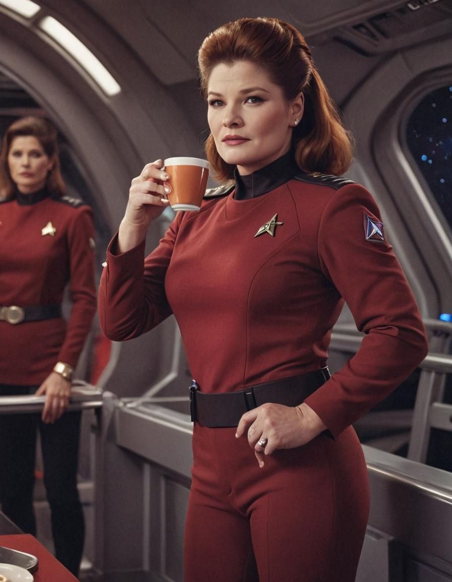 Cosmic Captain with a Cup of Coffee in a Retro Futuristic Sp...