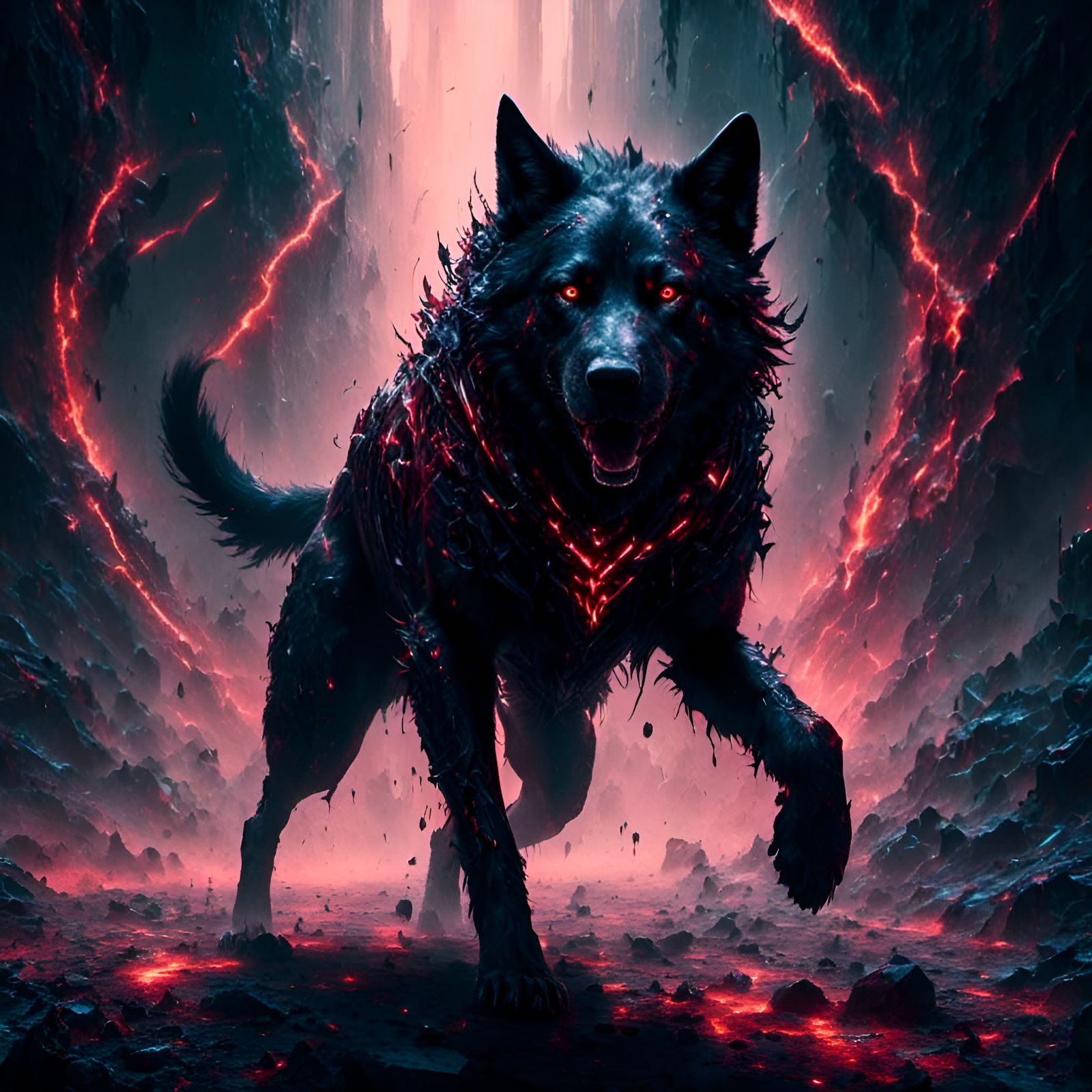 Cybernetic Lycan Dogman in Futuristic Cityscape