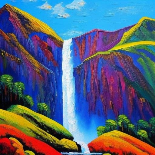 Waterfall and Mountains in Impasto Style