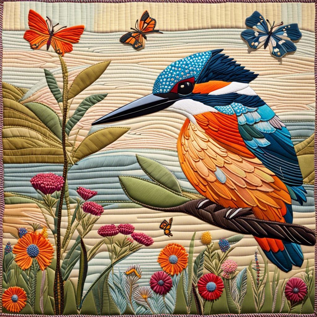 Kingfisher Patchwork with Wildflowers and Butterflies