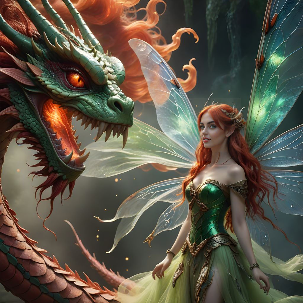 Majestic Fairy in Silk and Tulle, Beside a Hyperrealistic Or...