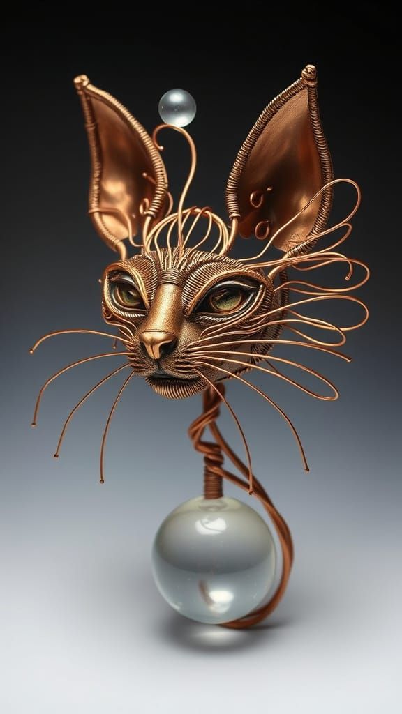 Wired Cat Sculpture with Bird Rayograph in Wire Art Style