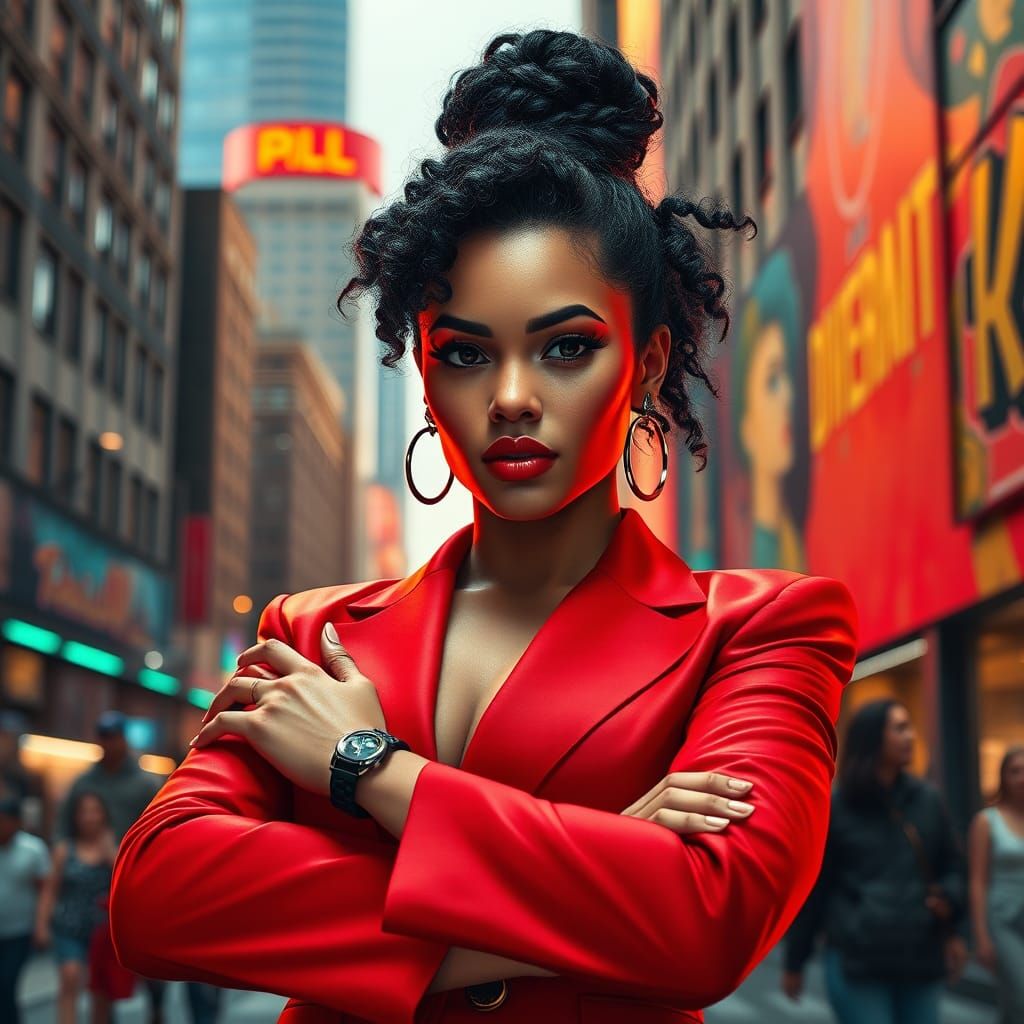 Confident Latina in Red Suit, Urban Portrait