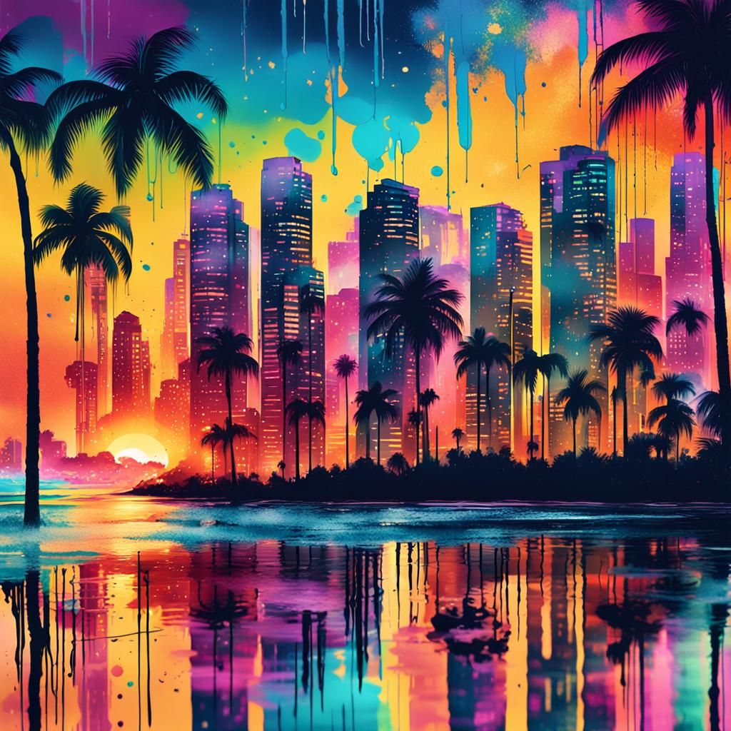 A skyscrapers landscape on a back and in front a beach with palms where ink splatters add texture and depth to the scene...