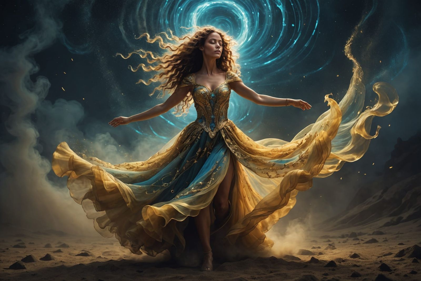 Bioluminescent Dancer in Dirt Vortex: Oil Painting