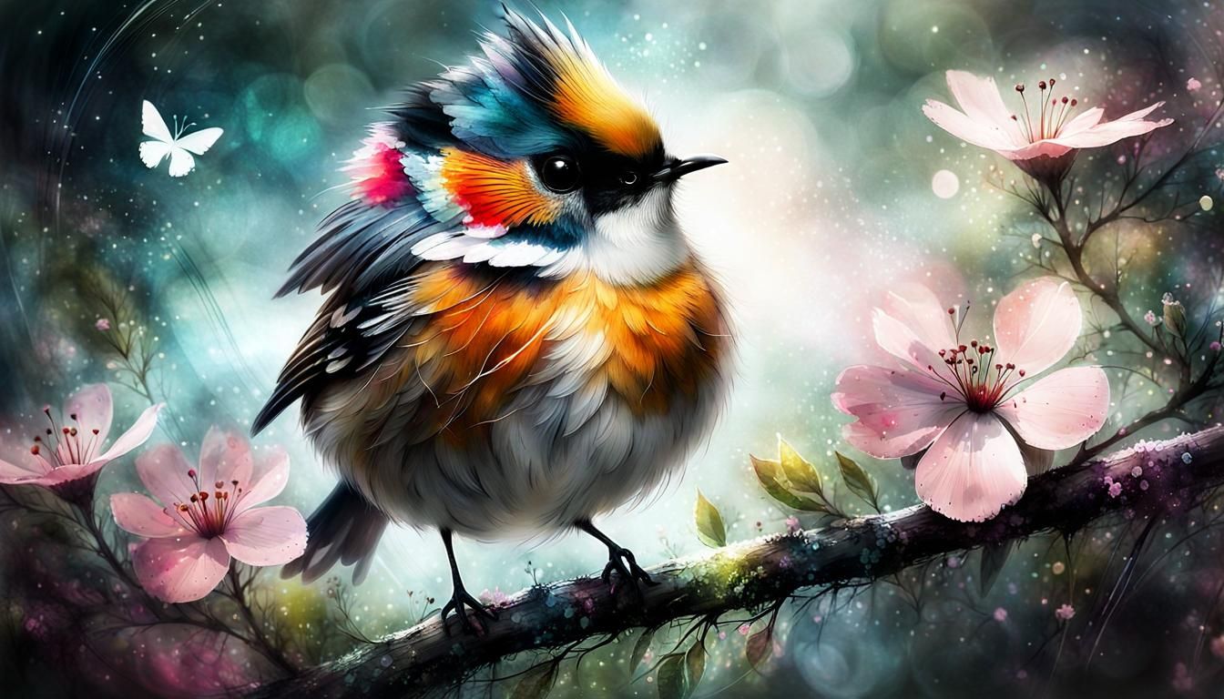 Dreamy Spring Bird in Wildflower Meadow Digital Painting