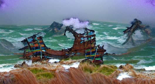 Wrecked Pirate Ship on Stormy Sea