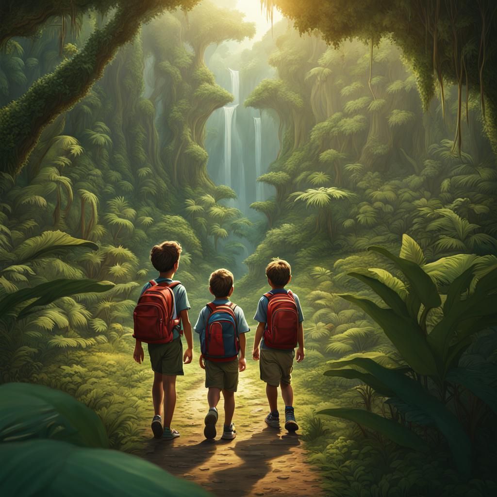 Children's Book Illustration: Kids Exploring Jungle
