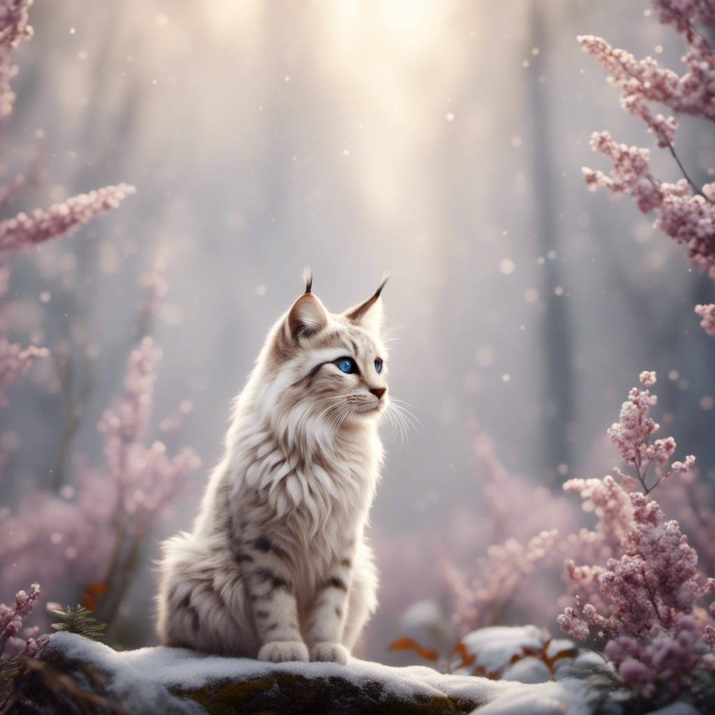 Striped Lynx Point Cat in Winter Forest