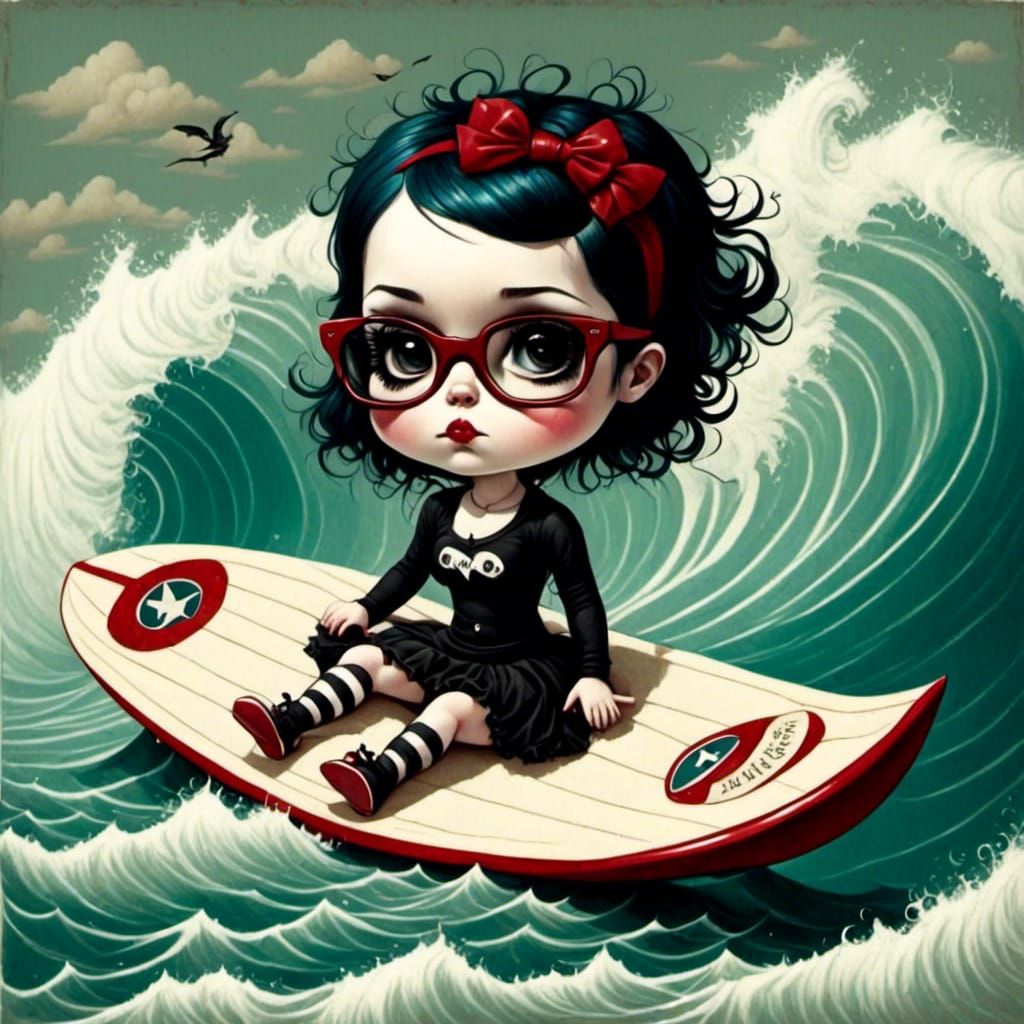 Gothic Emo Girl Surfing, Pop Surrealism Style