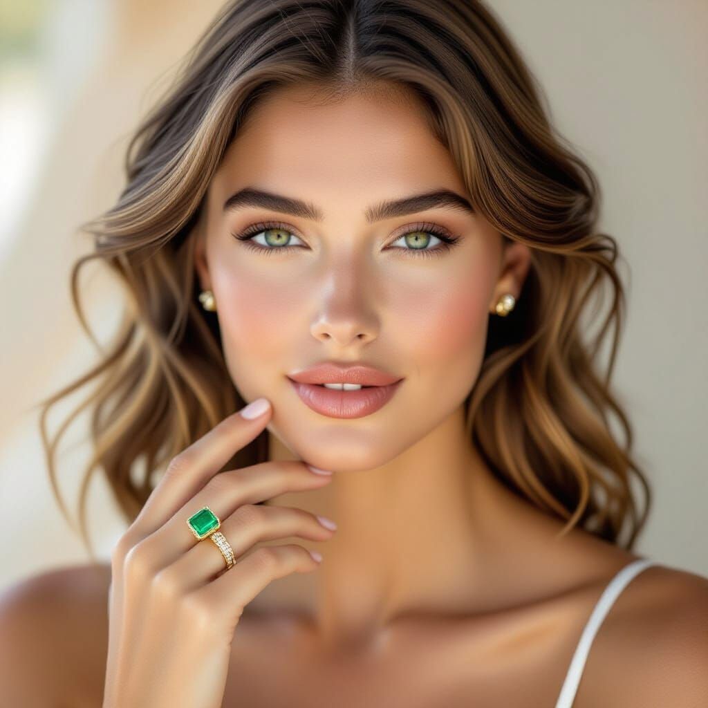 Elegant Woman with Emerald Ring in Pastel Tones