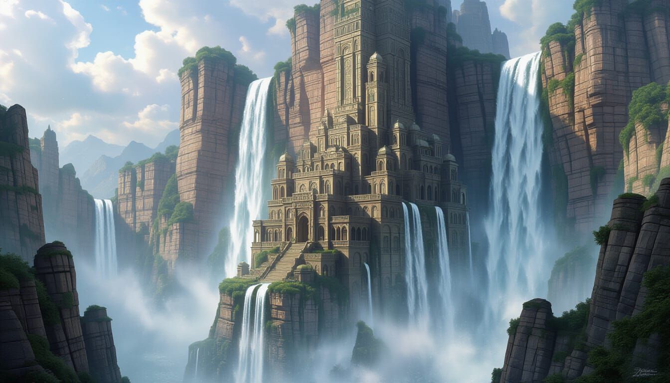 Forgotten City Beside Crystal Waterfall