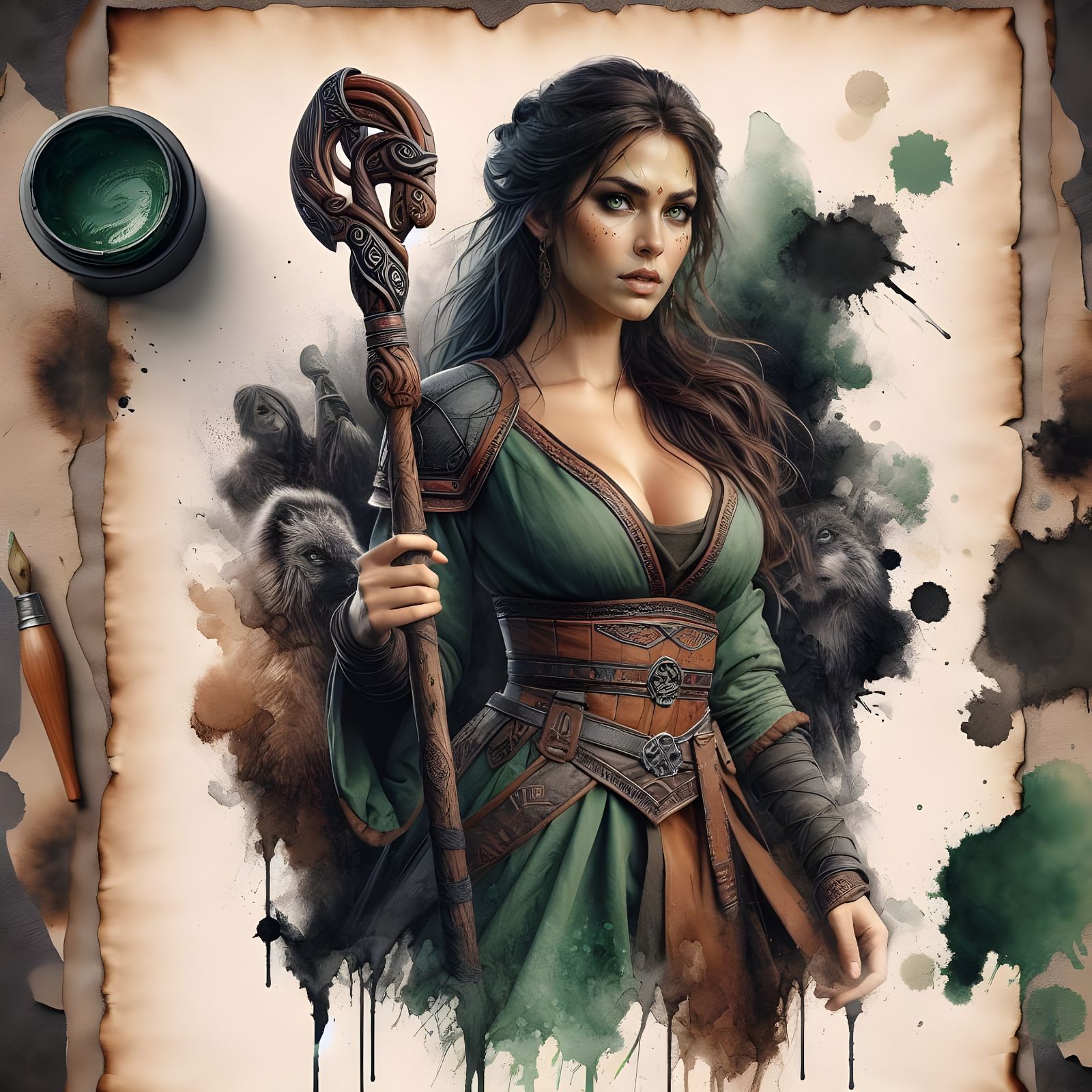 Norse Goddess in Mystic Green Tunic, Holding Staff