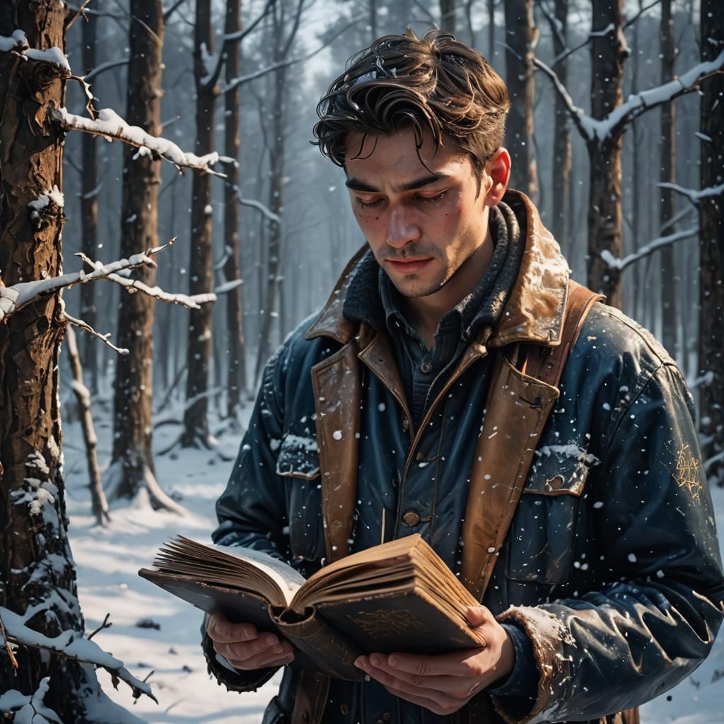 Sorrowful Figure with Glowing Book in Snowy Forest
