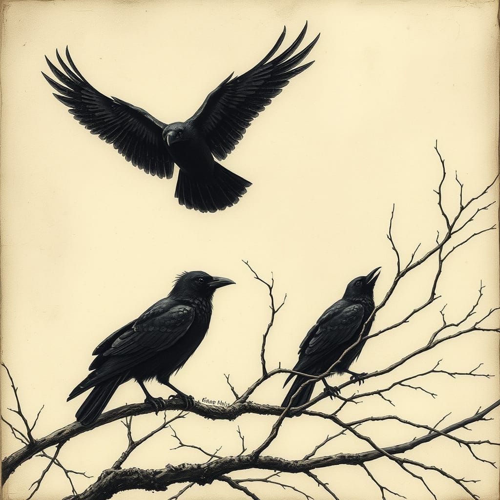 Crows Perched on Branches in Arthur Rackham Style